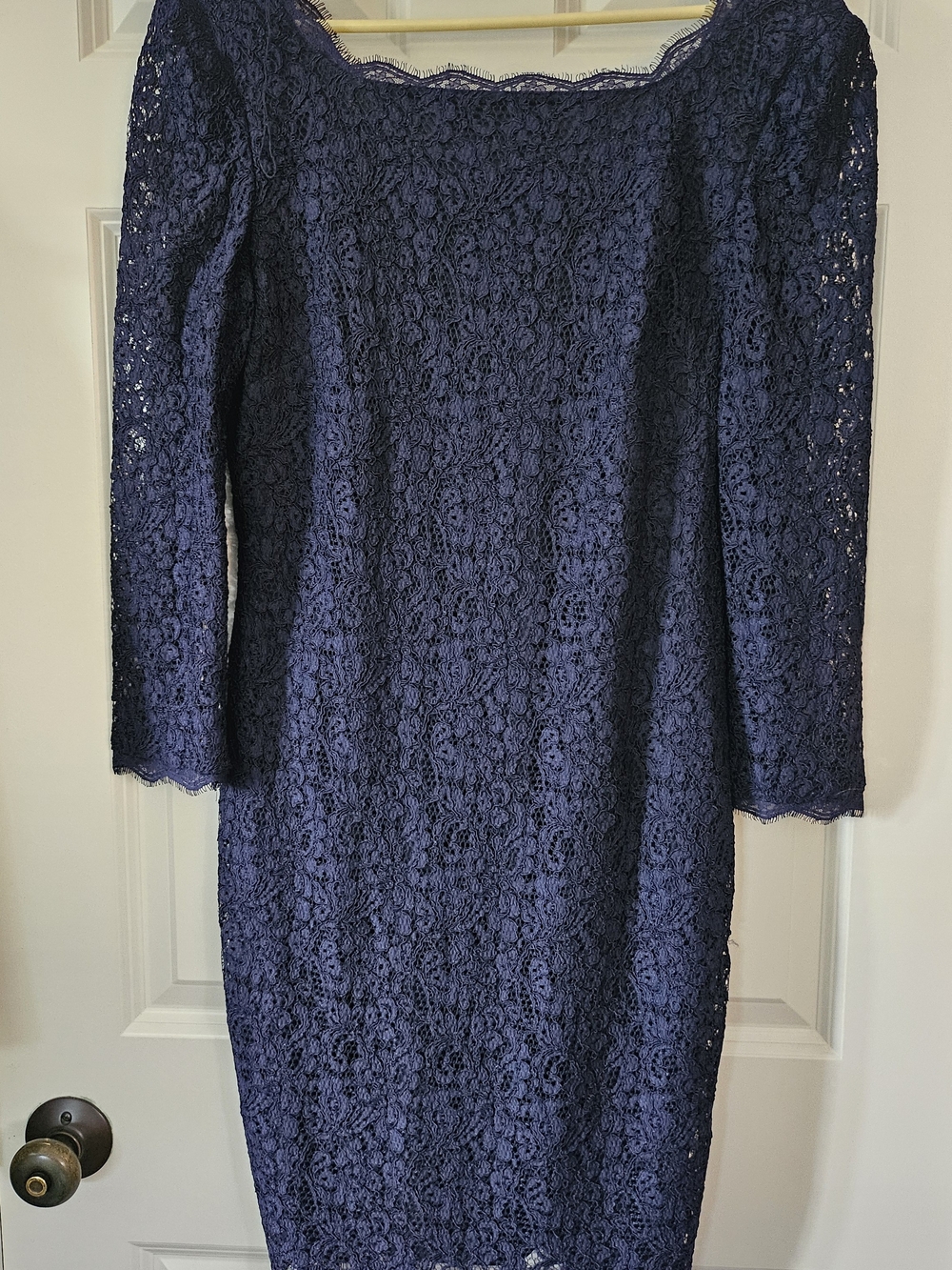Adrianna Papell Navy Lace Sheath Dress with Three-Quarter Sleeves